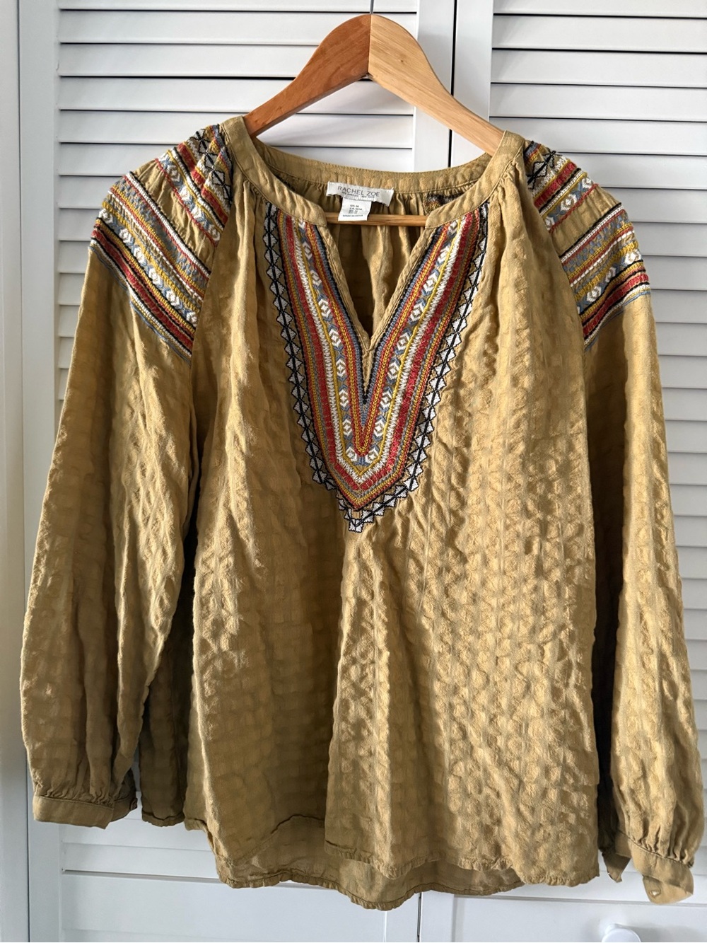 Rachel Zoe Mustard Embroidered V-Neck Peasant Blouse